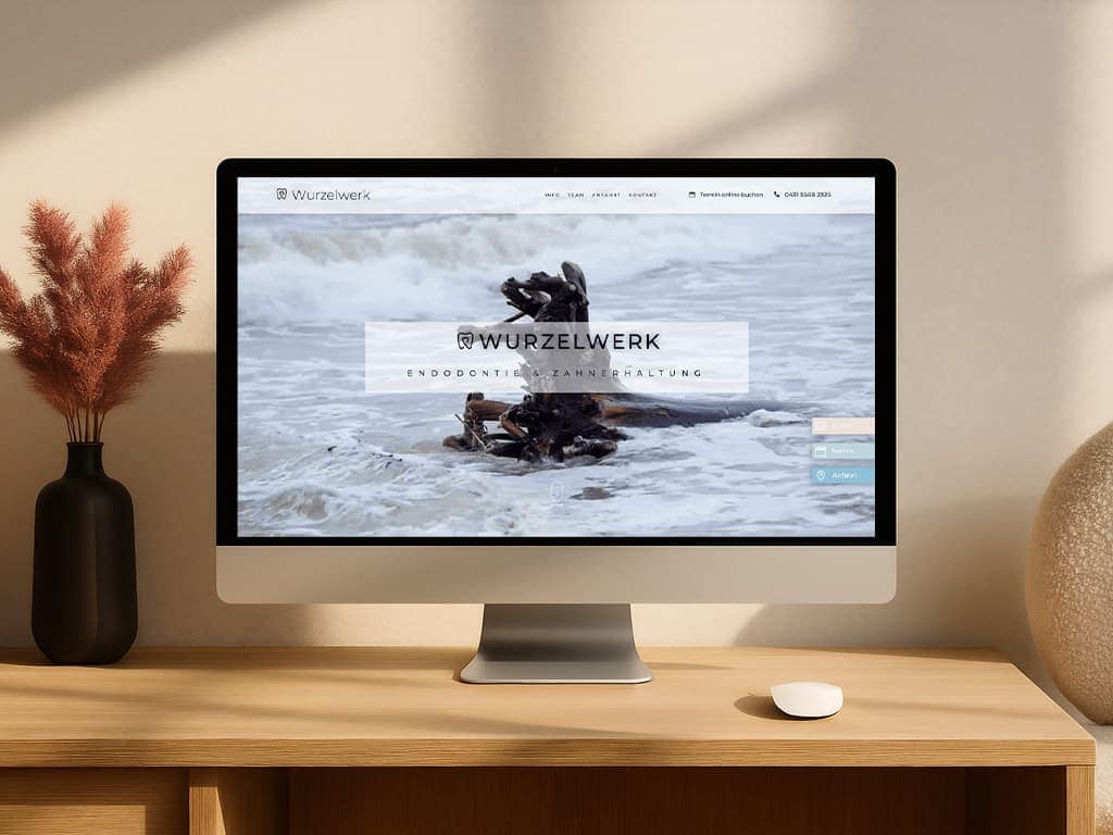Website der Zahnarztpraxis Wurzelwerk in Kiel auf einem Bildschirm